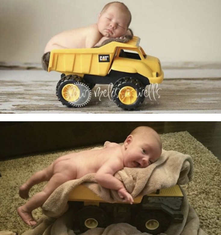 Сладко бебче в камион за играчки