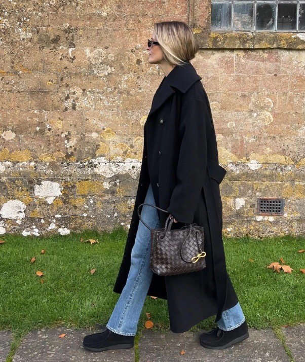 Отворено палто + дънки + IT чанта