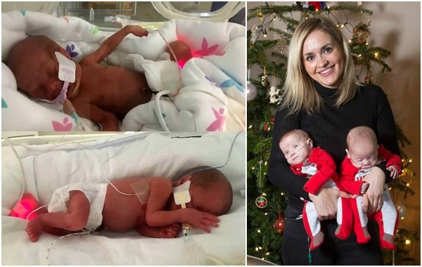 Най-малките близнаци на годината се възстановиха за първата си Коледа