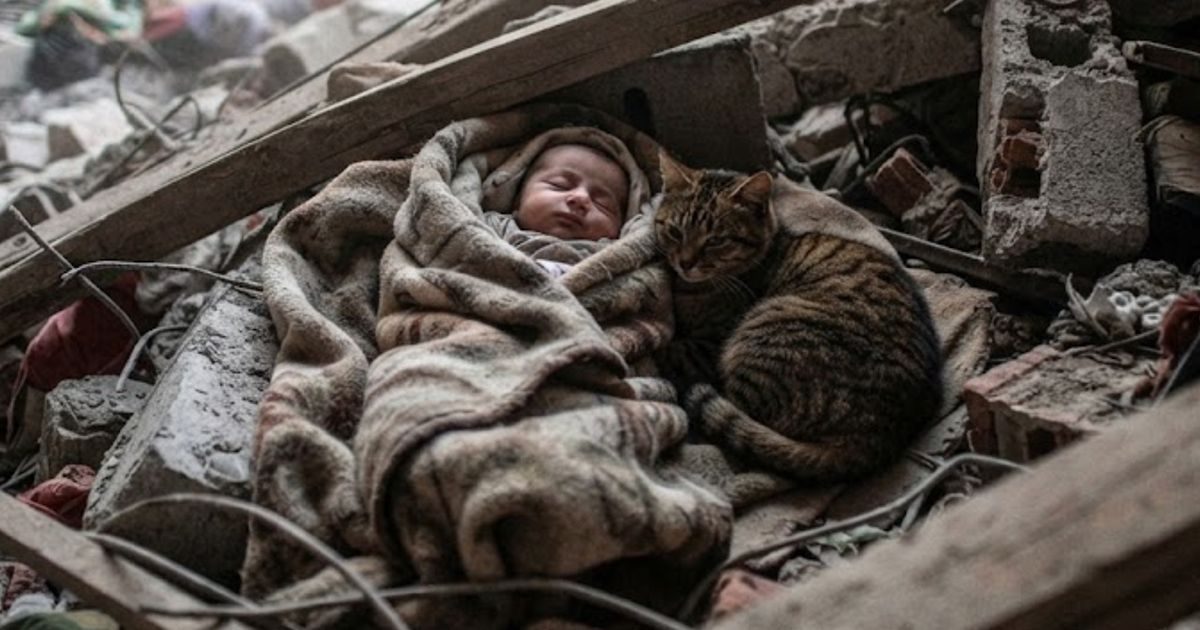 Котка лежала почти 12 часа под развалините, за да спаси бебе